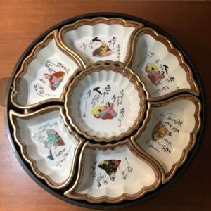 Fujita Kutani “Gods of Fortune” Japanese Porcelain Serving Dish Set